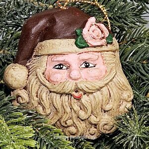 Vtg Christmas 3 “ Handmade Carved Hanging Santa Claus Face Rose Tree Ornament
